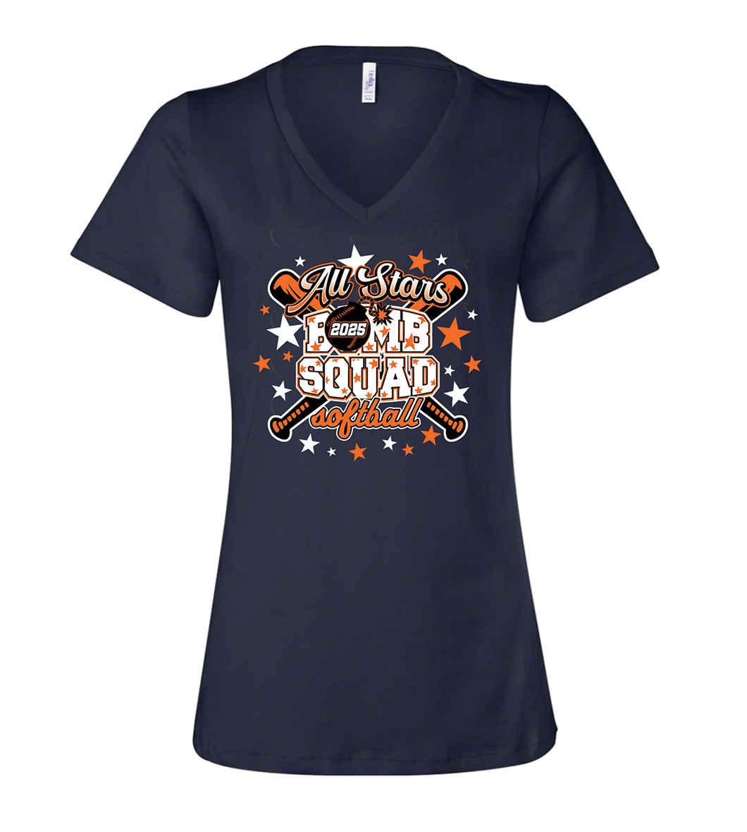 Bomb Squad All Stars Women’s Relaxed Jersey V-Neck Tee (Navy)